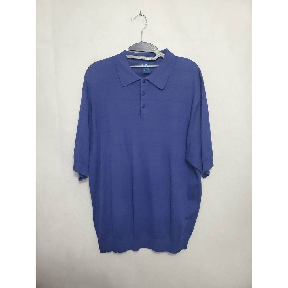 Paul Fredrick 100% Silk Banded Hem Window Pane Navy Blue Men's Polo Shirt